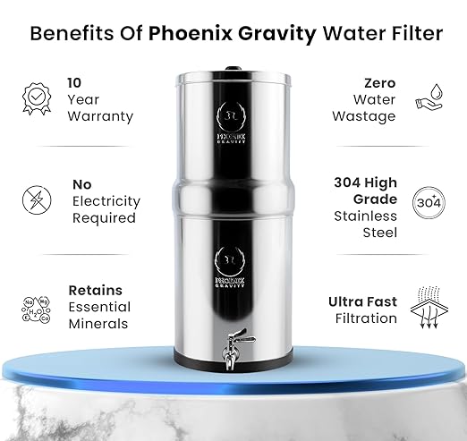 Phoenix Gravity - AISI 304 Stainless Steel 4.25 Gallon Water Filter System, NSF Certified 2 Carbon Filter Elements, 2 POSTreat Fluoride Reduction Filters & Free Stainless Steel Water Spigot