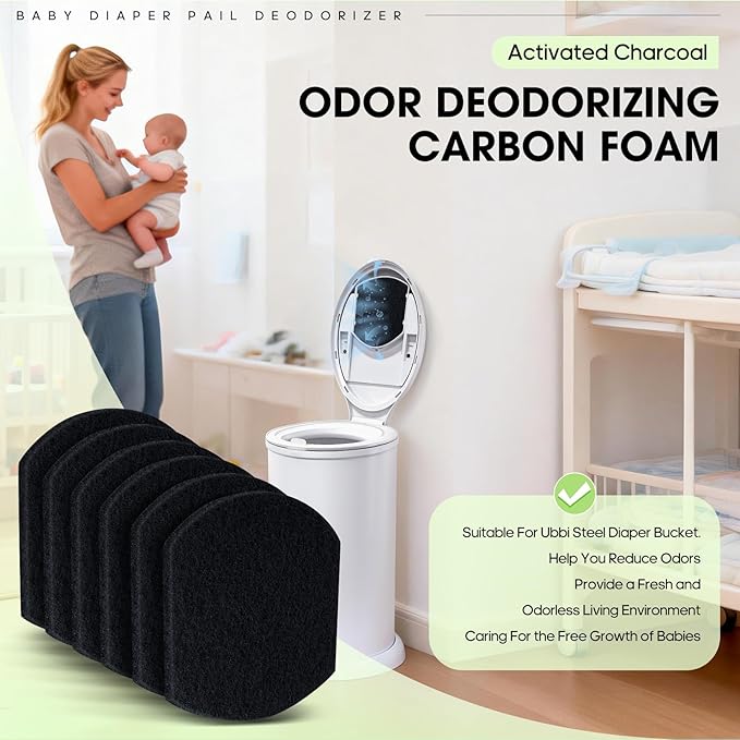 Diaper Pail Carbon Filters, 6-Pack Compatible with Ubbi Steel Diaper Pail, Long-Lasting Odor Control with Activated Charcoal, Replacement Filters for Diaper Pail