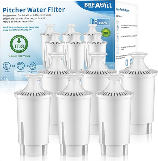 Water Filter Replacement Compatible with Brita Water Filter, Pitchers, Classic, OB03, Mavea,10700, 35557, Pitcher Water Filter by BREAUILL, New Upgraded Reduce TDS, Chlorine (6PCS)