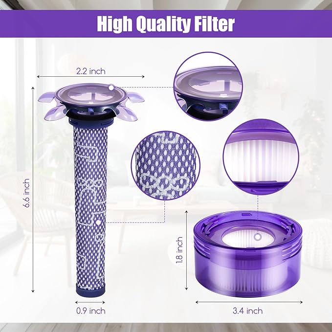 4 Pack V8 Vacuum Filter Replacement Kit Compatible with Dyson V8 New Version SV25/Dyson V7 New Model SV37, 2 Pre-Filters and 2 Post-Filters Compare to Part # 965661-05