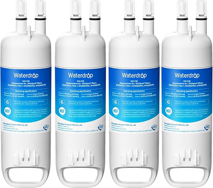 Waterdrop EDR1RXD1 Replacement for Filter 1, W10295370A, EDR1RXD1B, P8RFWB2L, P4RFWB, WD-F38, 46-9081, 46-9930 Refrigerator Water Filter, 4 Pack