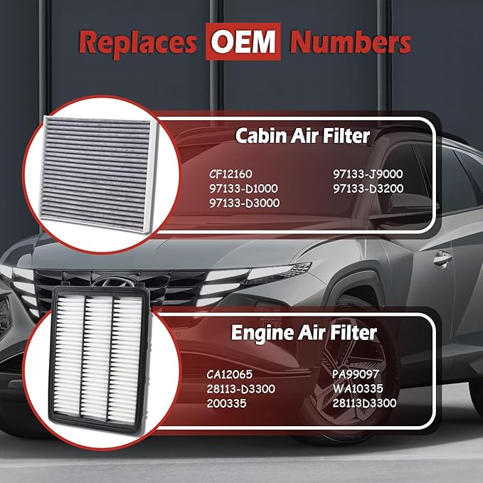 28113-D3300 Engine Air Filter and 97133-D1000 Cabin Air Filter kit Compatible with 2016-2021 Hyundai Tucson 2017-2022 Kia Sportage Not For Hybrid Replaces CA12065 CF12160