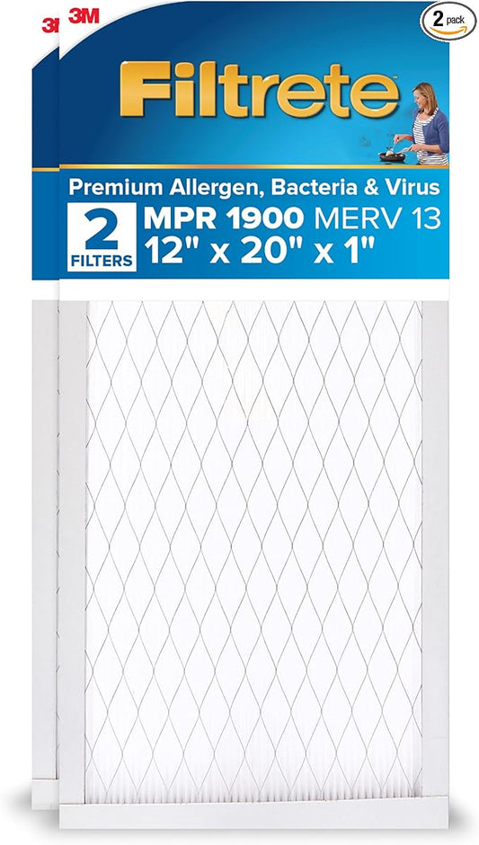 Filtrete 12x20x1 AC Furnace Air Filter, MERV 13, MPR 1900, Premium Allergen, Bacteria & Virus Filter, 3-Month Pleated 1-Inch Electrostatic Air Cleaning Filter, 2-Pack (Actual Size 11.81x19.81x0.78 in)