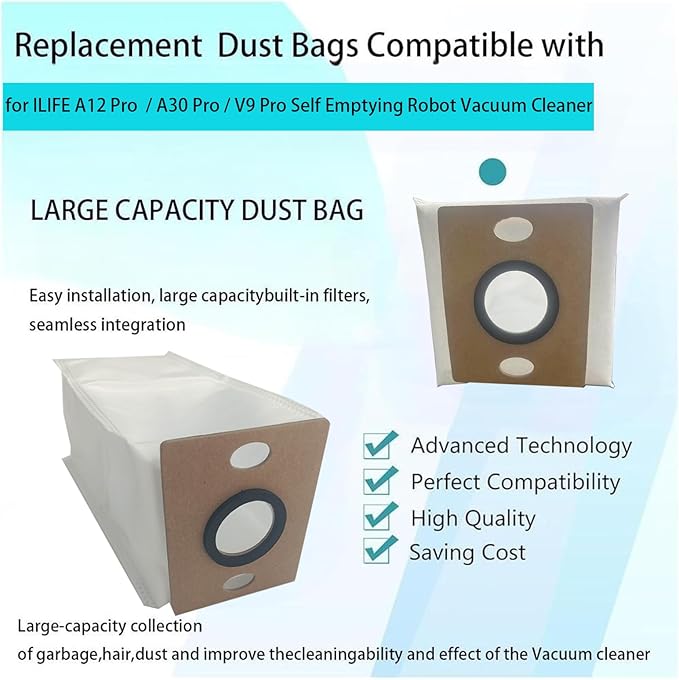 Dust Bags Replacement for ILIFE A12 Pro / A30 Pro / V9 Pro Self Emptying Robot Vacuum Cleaner, Spare Parts Accessories (8 Pack)