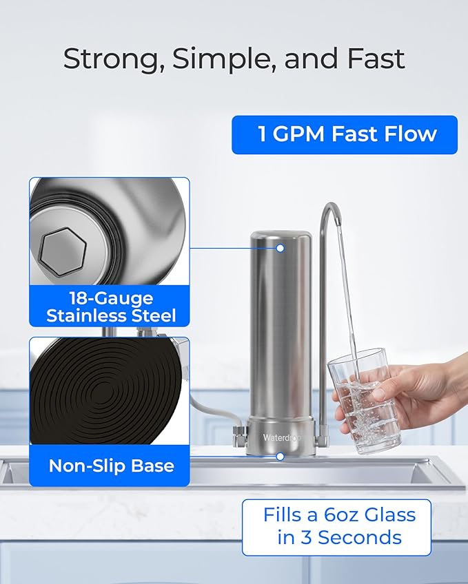 Waterdrop Water Filter for Sink Faucet, NSF/ANSI 42 Certified Countertop Water Filter System, 5-Stage Stainless Steel Faucet, 8000 Gallons, Reduces Heavy Metals and 99% Chlorine, WD-CTF-01(1 Filter)