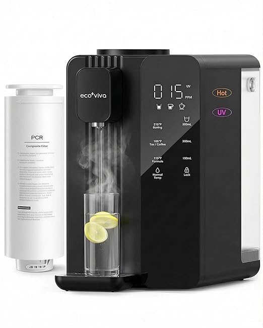 Ecoviva Countertop Reverse Osmosis Water Filter with UV - 7-Stage Purification, Instant Hot Water (212°F), Real-Time TDS, 3:1 Pure to Drain, Desktop Water Purifier Ideal for Apartment & Dormitory