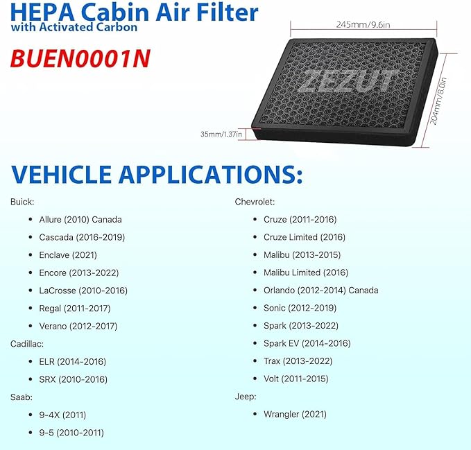 Cabin Air Filter, for Buick Allure, Cascada, Encore, Lacrosse, Regal, Verano, Cadillac ELR, SRX, Chevrolet Cruze, Malibu, Orlando, Sonic, Spark, Saab (10775)