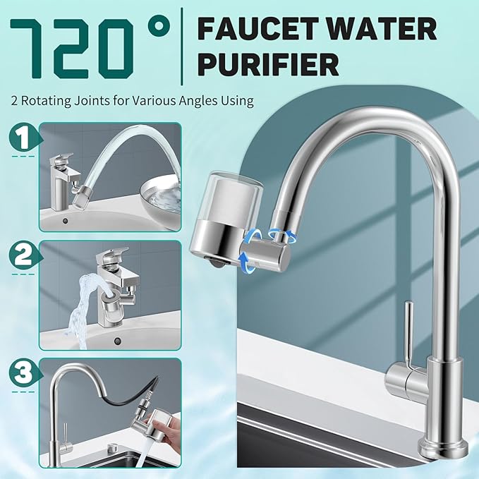 CECEFIN 720 Swivel Sink-Faucet Water-Filter - 22 Adapters Fit Most Bathroom/Pull Out Kitchen/RV Faucets, Tap Mount Water Filtration, Carbon Purifier Reduces 99% Chlorine, Last 528 Gallons Water
