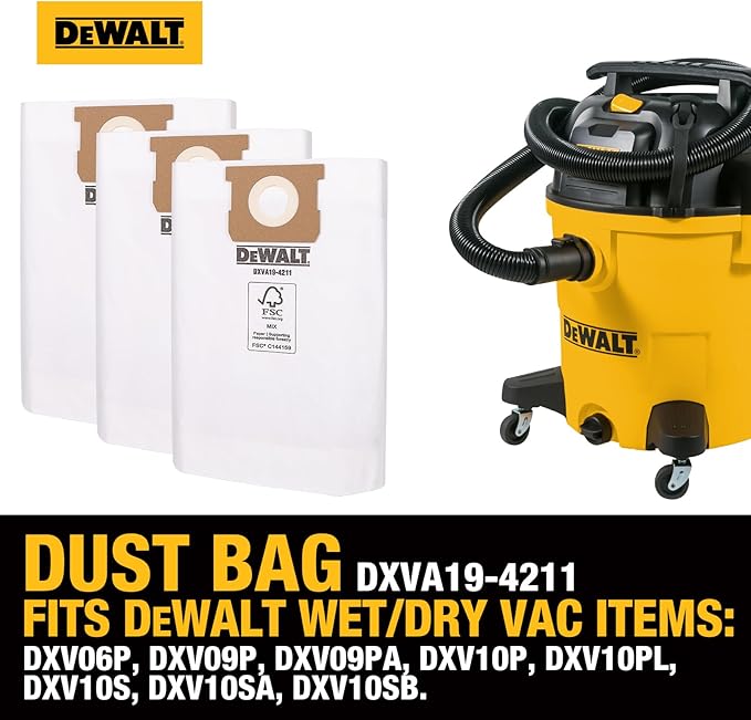 DEWALT Shop Vac Filter & Bag Kit, High Efficiency HEPA Replacement Cartidge, 3 Pack Fine Dust Bags & Power Tools Adapter, for Shop Vacuum Wet and Dry