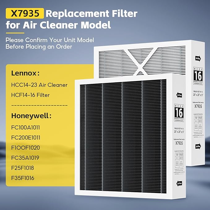 2-pack X7935 20x20x5 MERV 16 Air Filter, Compatible with Lennox X7935 Healthy Climate Carbon-Clean MERV 16Home Furnace Filter Filter HVAC System, Part # HCC14-23