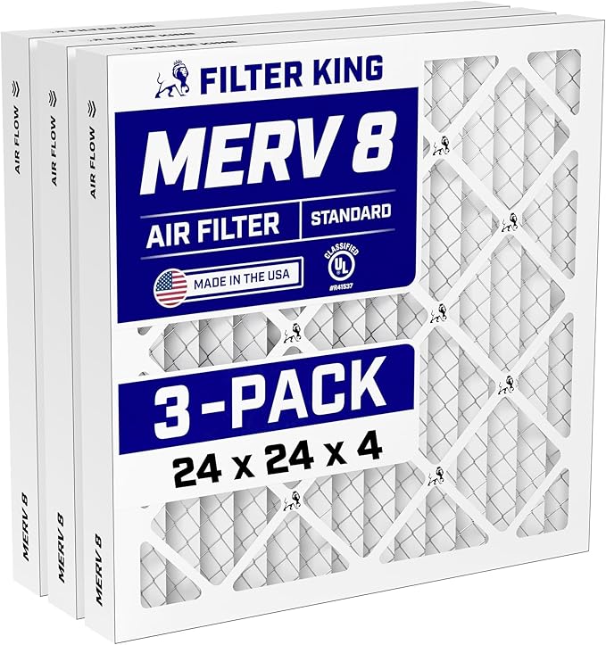 Filter King 24x24x4 Air Filter (MERV 8) (3-Pack) Dust & Allergy Control AC Furnace Filters, MADE IN USA, HVAC, Pleated, Electrostatic (Actual Size: 23.38 x 23.38 x 3.75)