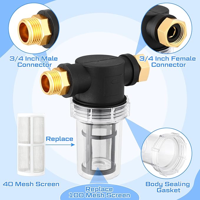 Retisee Washing Machine Water Filter Water Hose Filter Sediment Filter Inline Water Filter for Hose Garden Hose Filter Pressure Washer Filter with 40 Mesh 100 Mesh Screen(3 Sets)