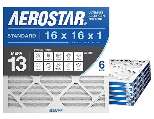 Aerostar 16x16x1 MERV 13 - 6 Count - Pleated HVAC, Furnace & Air Conditioner Filters - Removes Bacteria, Dust, Cold & Flu Germs, Lint, Mold, Pet Dander, Allergy-Causing Pollen, Smog, Smoke & Viruses