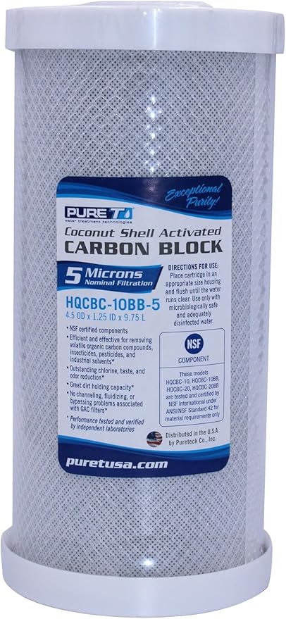 PureT HQCBC-10BB-5, 10x4.5" Coconut Carbon Block Filter - NSF Certified - Cononut Shell Activated Carbon removes Chlorine, Dirt and More (5 u Micron Rated)