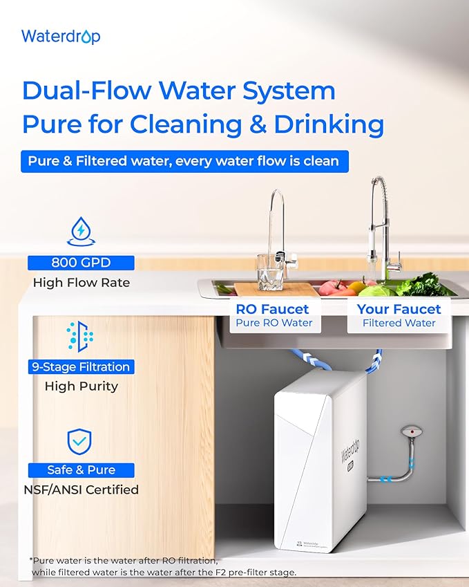 Waterdrop X8-PRO Dual Flow Reverse Osmosis Water Filter, 800 GPD Tankless RO System, 9-Stage Filtration, Undersink, LED Faucet, BPA Free, Attaches to Your Existing Kitchen Faucet, NO Minerals Added