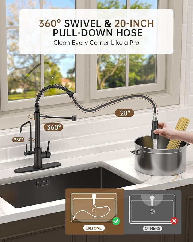 DAYONE Kitchen Faucet with Water Filter and Sprayer, 3 in 1 Pull Down Faucet with Purfied Water Faucet, 20 Inches High Arc Kitchen Water Filter Faucet, Matte Black (Without Filtration Device)