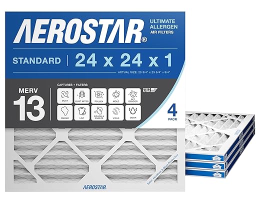 Aerostar 24x24x1 MERV 13 Air Filter, 4 Pack Set of HVAC Furnace Filters, Electrostatic MPR 1500-1900 & FPR 10 (Actual Size: 23 3/4 x 23 3/4 x 3/4 inches)