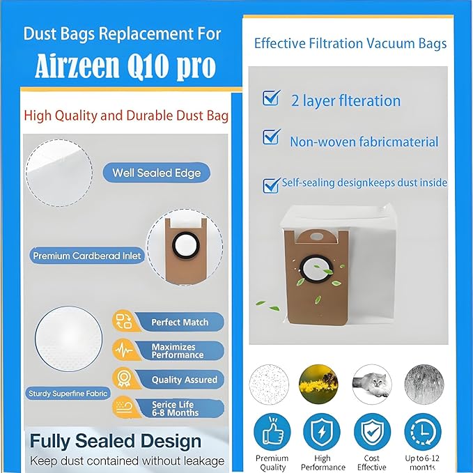 Q10 Pro Replacement Accessories Kit For Airzeen Q10 Pro Robot Vacuum Cleaner ，parts Include 1 Main Brushes 4 Side Brushes 2 Mop Pads 3 Filters 3 Dust Bags Attachments