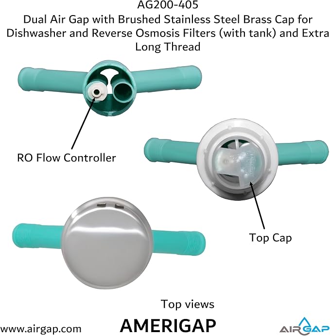 Dual Air Gap with Brushed Stainless Steel Brass Cap for Dishwasher and Reverse Osmosis Filters (with tank) and Extra Long Thread (AG200-405, AG200-X05, AMERIGAP)