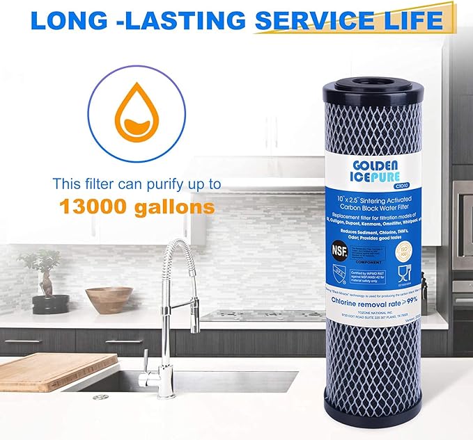 GOLDEN ICEPURE 1 Micron 2.5" x 10" Whole House CTO Carbon Sediment Water Filter Compatible with Dupont WFPFC8002, WFPFC9001, FXWTC, Culligan P5-D, WHCF-WHWC, D-10A, DWC30001, SCWH-5, 4PACK