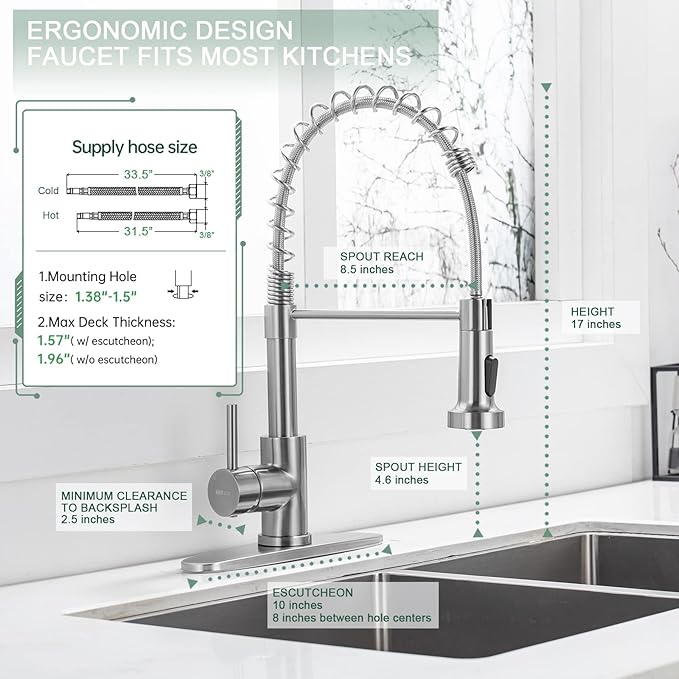WEWE Kitchen Faucets, Brushed Nickel Kitchen Faucet with Pull Down Sprayer, Industrial Spring Single Handle Stainless Steel Kitchen Sink Faucet with Deck Plate, 1 Hole or 3 Hole for Laundry Rv