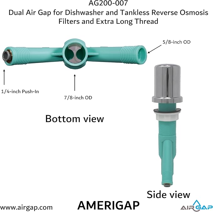 Dual Air Gap for Dishwasher and Tankless Reverse Osmosis Filter with Extra Long Thread (AG200-007 AMERIGAP)