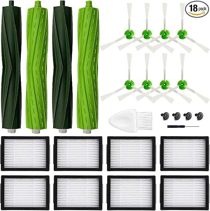 18 Pack Roomba Replacement Parts for iRobot Roomba i7 i7+ i3 i3+ i4 J7J7+/Plus i6 i6+ i5+j5+ i8 +/Plus E5 E6 E7 I & E & J Series Vacuum Cleaner, 2 Set of Roller Brush & 8 Filters & 8 Side Brushes