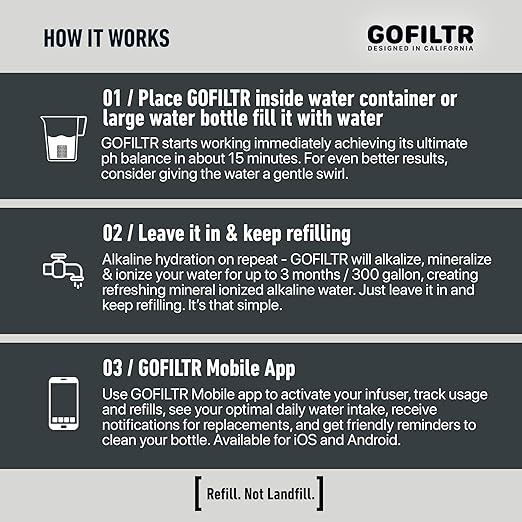 GOFILTR Jumbo Alkaline Water Infuser - 9.5 pH + Electrolytes For Any Large Water Bottles/Pitchers, 300 Gallon / 3 Months, Ionized Mineral Alkaline Water Infuser (1 Pack)