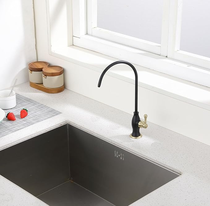 Delle Rosa Drinking Water Faucet, Stainless Steel Kitchen Water Filter Faucet, Commercial Water Filtration Faucet for Under Sink Water Filter System Black& Gold,Non-Air Gap