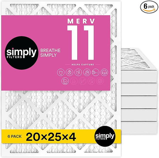 Simply 20x25x4 Air Filter, MERV 11, 6 Pack, Furnace Air Filter for HVAC (Actual Size:19.5"x24.5"x3.63") DUST, Pet, & Allergy Control