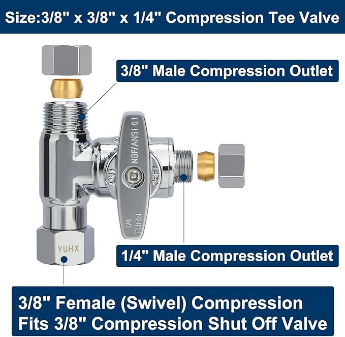 Brass Angle Stop Add-A-Tee Valve, 3/8 x 3/8 x 1/4 Compression Tee Valve,Feed Water Adapter for Refrigerators, Ice maker, Reverse Osmosis,RO Water Filter Systems, 3 Way Diverter Water Line Splitter