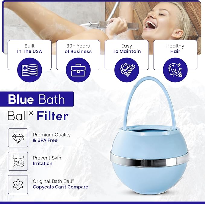 Crystal Quest Premium Bath Ball Water Filter for Bathtub - 3-Stage Filtration, Removes Chlorine, Chloramine & Byproducts, 2,500 Gallons, BPA Free, pH Balanced Water, Fits Most Tubs, Blue