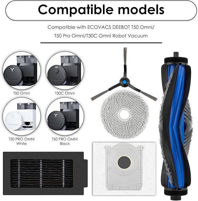 17 Pack T50 Pro Omni Replacement Parts for ECOVACS DEEBOT T50 Omni/ T50 Pro Omni Robot Vacuum, 1 Roller Brush, 4 Side Brushes, 4 Dust Bags, 4 HEPA Filters, 4 Mop Pads Accessories Kit