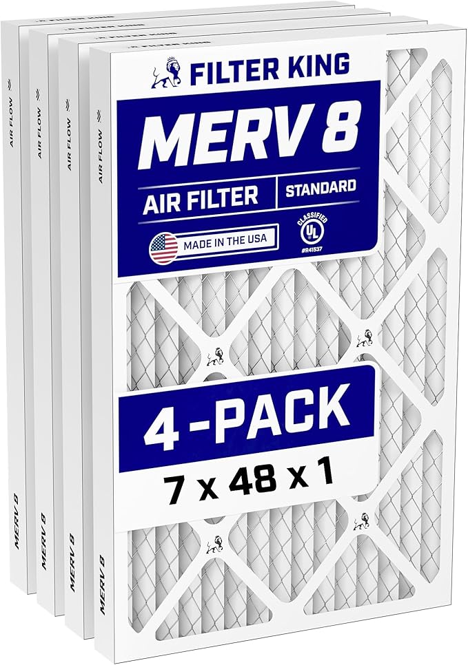 Filter King 7x48x1 Air Filter (MERV 8) (4-Pack) Dust & Allergy Control AC Furnace Filters, MADE IN USA, HVAC, Pleated, Electrostatic (Actual Size: 7 x 48 x .75)