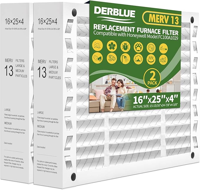 DerBlue 2PACK 16x25x4 MERV 13 Furnace Filter Replacement Compatible with Honeywell FC100A1029 Pleated HVAC,Foldable Design for Easy Installation & Space-Saving(Actual Size: 24.88 x 15.94 x 4.38 In)