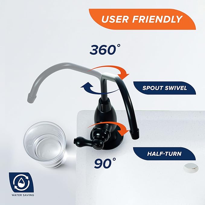 Aquaboon RO Water Filter Faucet - Black, Stainless Steel, 304, Brushed, 1-Handle, 360 Swivel, Classic, Deck Mount, Single Hole, for Kitchen