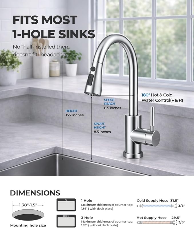 WEWE Kitchen Faucets with Pull Down Sprayer, Stainless Steel Single Handle 1 Hole for Family Kitchen Commercial Camper Laundry Rv Bar, Polished Chrome