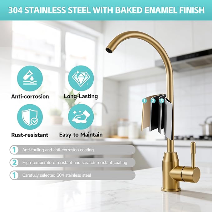 Drinking Water Faucet, Lead-Free Kitchen Water Filter Faucet for Reverse Osmosis or Water Filtration System, RO Faucet, Brushed Nickel (Golden)