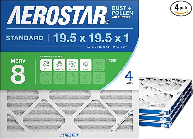 Aerostar 19.5x19.5x1 MERV 8 - 4 Count - High Efficiency Pleated HVAC, Furnace & Air Conditioner Filters - Removes Dust, Lint, Mold & Allergy-Causing Pollen