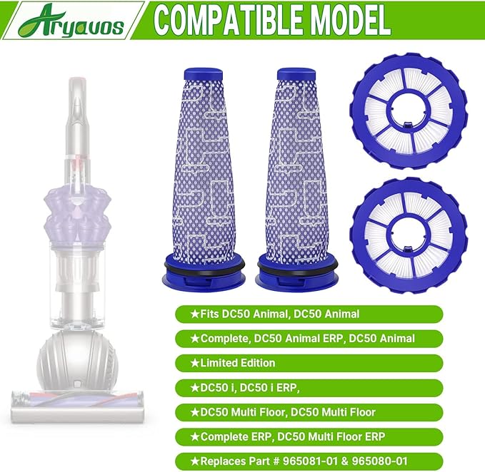 2 Pack HEPA Post-Motor Filters & 2 Pack Pre-Motor Filters Replacement for DC50, dy.son DC50 Animal and Multi Floor Complete Vacuum Cleaner, Replaces Part # 965081-01 & 965080-01