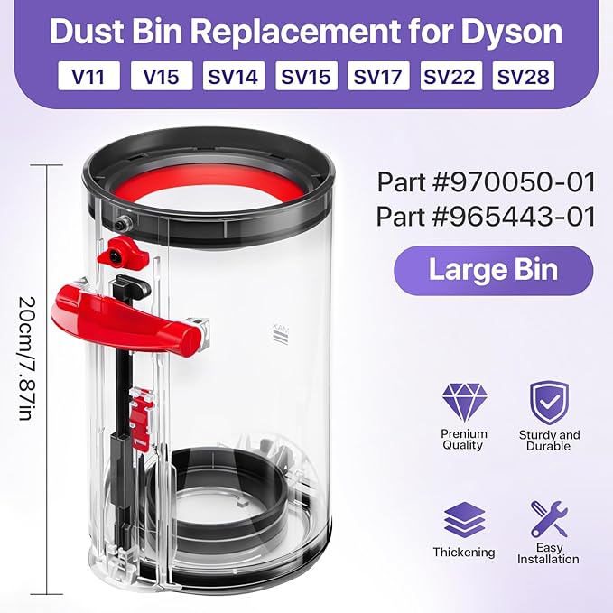 Upgraded Dust Bin Replacement Parts for Dyson V11 V15 SV14 SV15 SV22 Cordless Vacuum Attachments, Canister Replacement for Part no. 970050-01 and Part no. 965443-01 with Dyson Filter