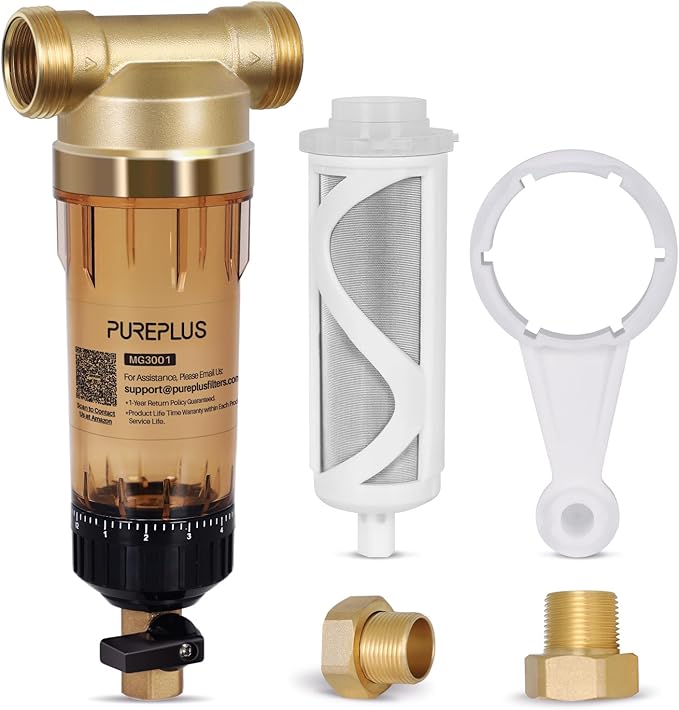 PUREPLUS 40 Micron Whole House Spin Down Sediment Water Filter With Scrapper, Reusable Flushable Pre-Filtration System for City/Tap water, 1" MNPT + 3/4" FNPT + 3/4"MNPT, Brass, BPA Free, USA Tech