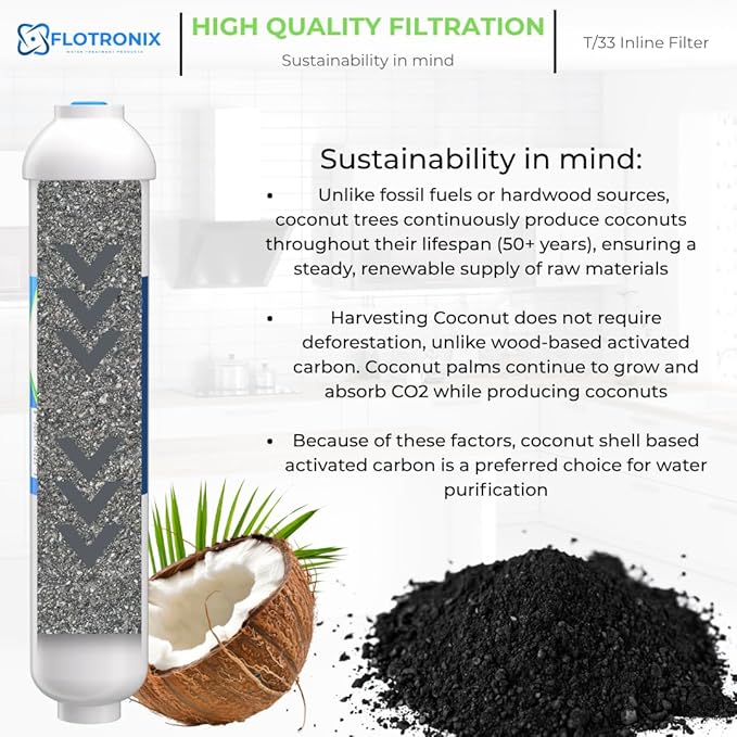 Flotronix 10" x 2" Inline Carbon Water Filter – 1/4" Female Threaded In/Out – Post RO Filter for Ice Maker, Refrigerator, Under-Sink – Removes Chlorine, Taste & Odor – 2 Pack