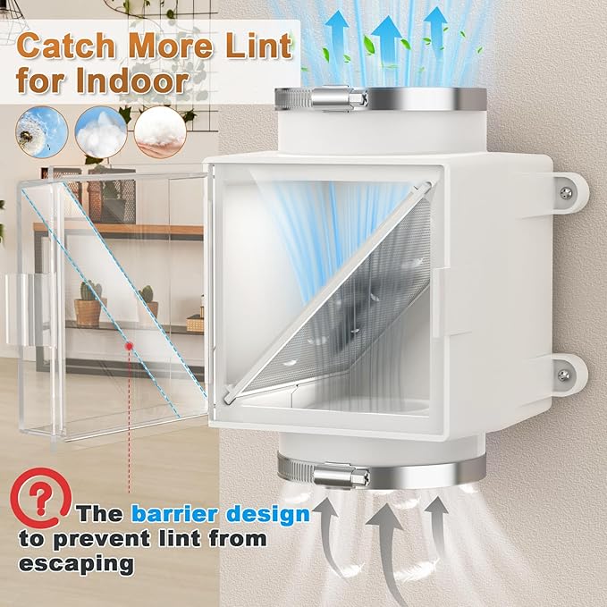 Dryer Lint Trap, Indoor Dryer Vent with Lint Catcher Filter,Secondary Dryer Duct Lint Trap with 2 4" Plastic Clamps, Accommodates 4" Transition Ducts, A Good Match for Dryer Booster Fan
