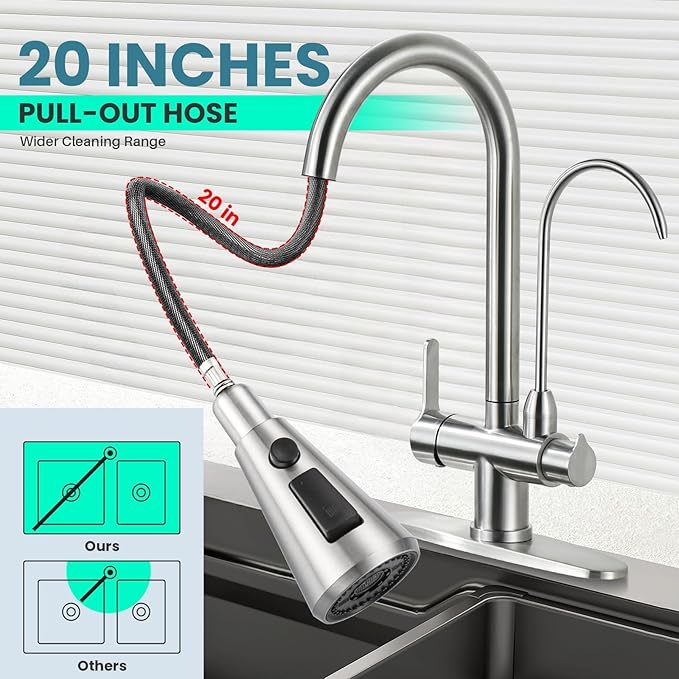 Kitchen Faucet with Water Filter Faucet, Brushed Nickel Stainless Steel Drinking Water Faucet, High Arc 2 Handle Kitchen Sink Faucet with Pull Down Sprayer for Kitchen Sink Farmhouse Bar