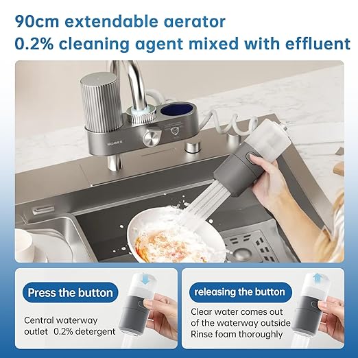 Faucet Water Filter, 4-in-1 Kitchen Sink Filter with Filtration/Raw/Booster/Cleaning Mode, NSF42 Remove Chlorine & Odors,35”Hose and 360° Cleaning,Fits 95% of Kitchen Faucets,1*Filter, LJ209