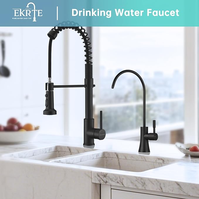 EKRTE Matte Black Drinking Water Faucet for Kitchen Sink, Stainless Steel Kitchen Water Filter Faucet,Commercial Water Filtration Faucet for Under Sink Water Filter System, RO Faucet in Matte Black