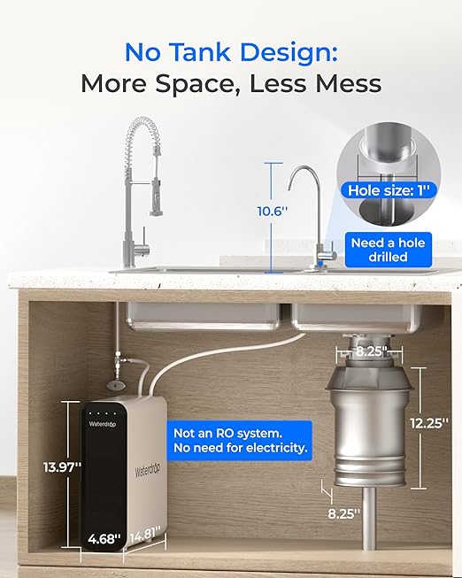 Waterdrop TSU 0.01 Micron Ultra Filtration Under Sink Water Filter System, 3-Stage Tankless Under Sink Water Filtration System with Faucet, Smart Panel, Not Lower TDS, Drilling Required
