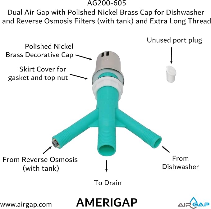 Dual Air Gap with Polished Nickel Brass Cap for Dishwasher and Reverse Osmosis Filters (with tank) and Extra Long Thread (AG200-605, AG200-X05, AMERIGAP)