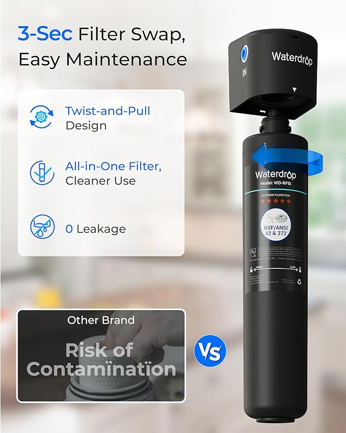 Waterdrop 17UB 3 Years Under Sink Water Filter, Under Sink Water Filtration System, NSF/ANSI 42 Certified, Reduces PFAS, PFOA/PFOS, Lead, Under Sink Water Filter with Faucet, 24K Gallons